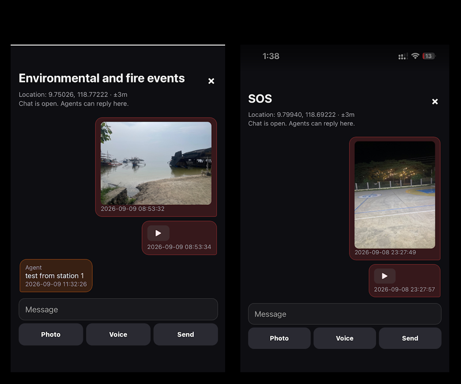 Incident chats with photo attachments, voice messages, and agent replies