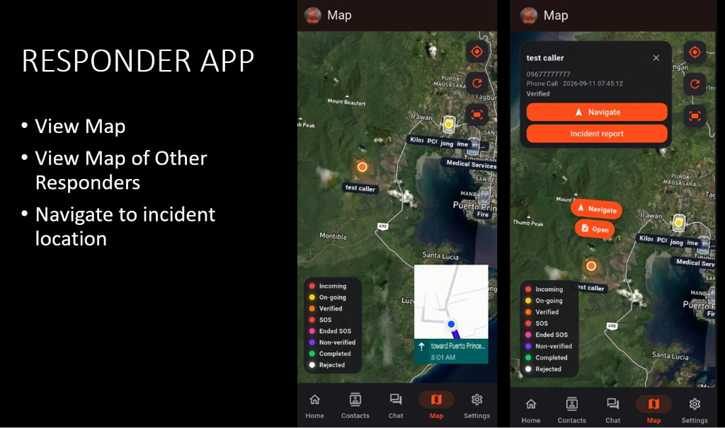 Responder app map with incident pins, navigate, and status legend